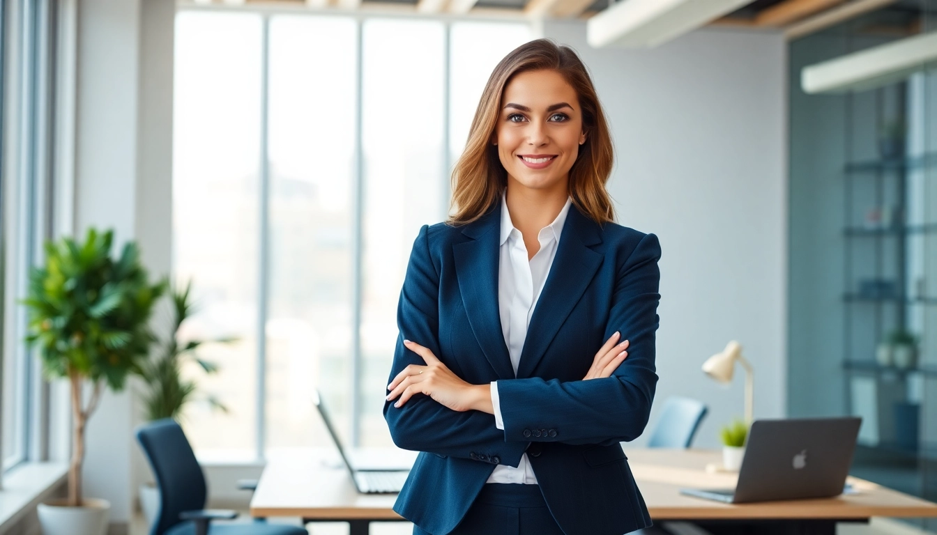Achieve your ideal career goals with a confident professional woman in a modern office.