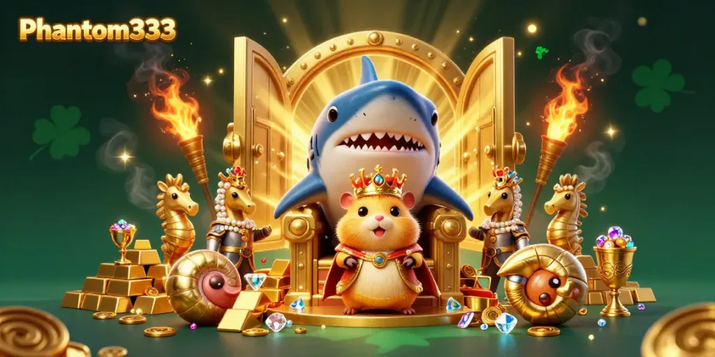 Experience gaming excitement with Phantom333 in a vibrant, treasure-filled 3D scene featuring unique characters and gold elements.