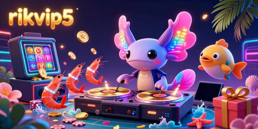 Experience the electrifying joy of gaming at rikvip5 with lively casino-themed 3D digital illustration featuring dynamic characters and vibrant game elements.