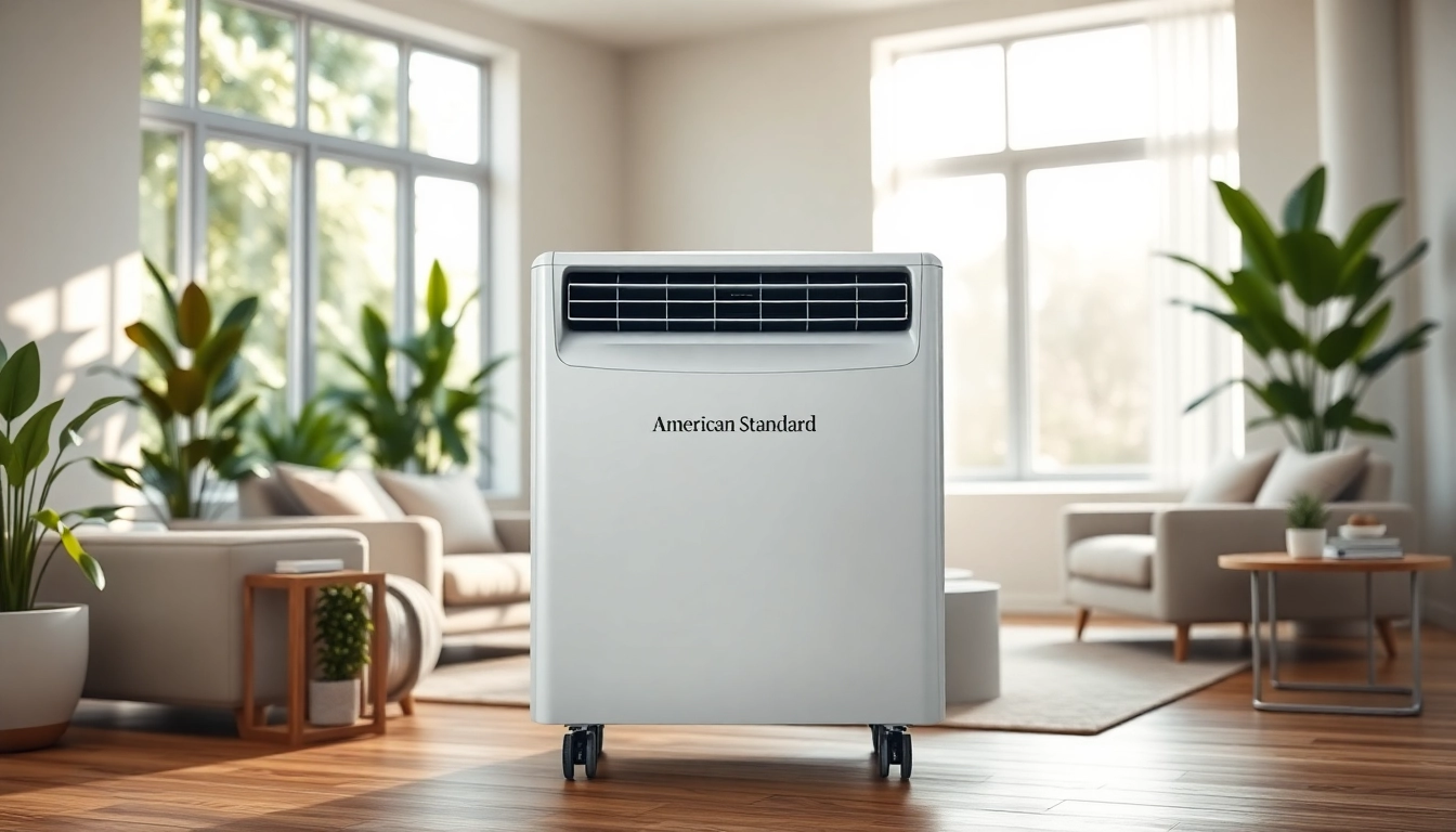 Showcasing an american standard air conditioner in a modern living room, highlighting its sleek design.
