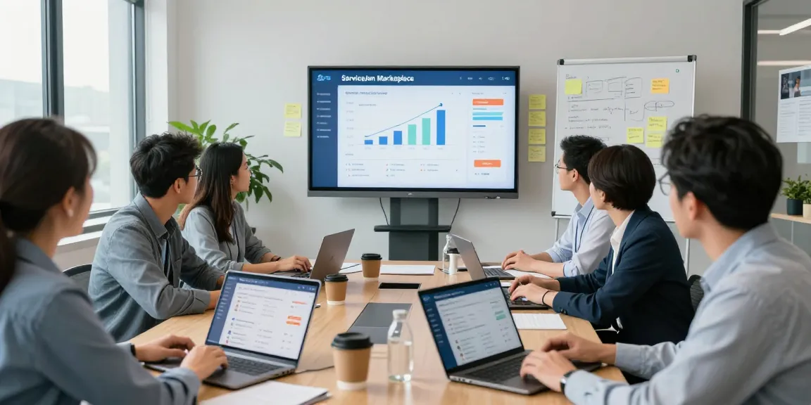 Team collaborating on the ServiceJan marketplace in a modern office environment