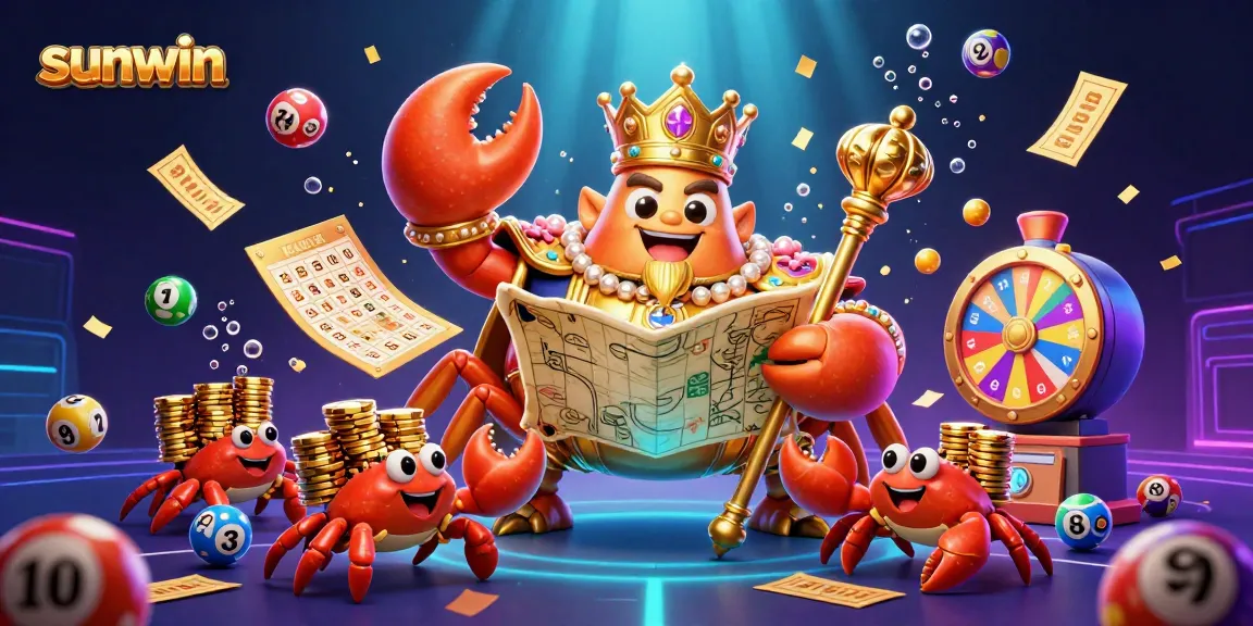 Engage with sunwin's vibrant lottery theme featuring a golden crab emperor amidst dynamic game elements.