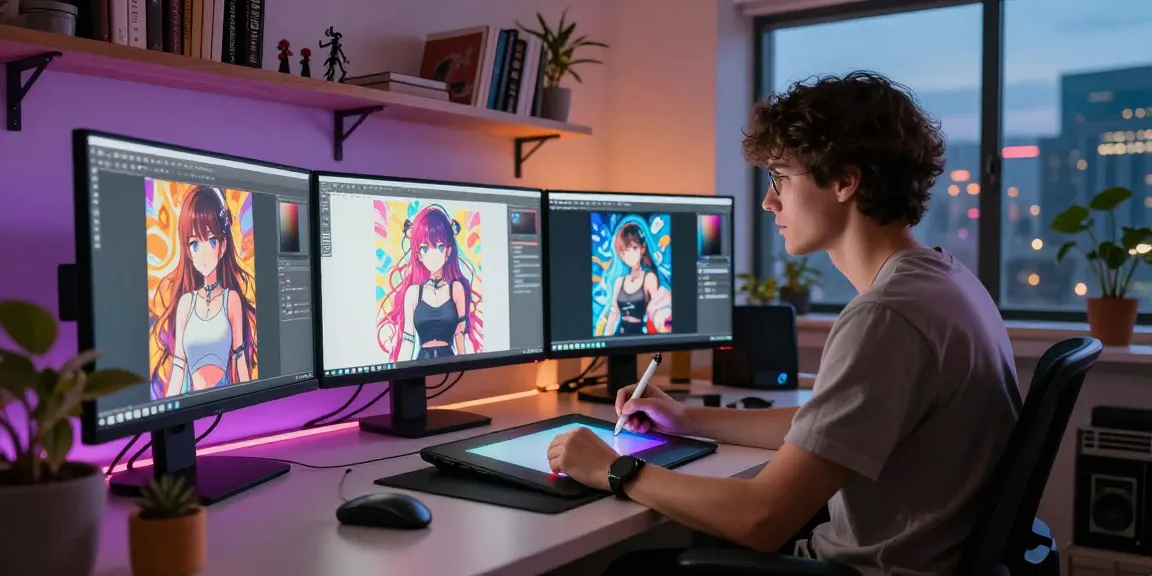 Artist creating stunning AI ecchi artwork in a vibrant digital studio.