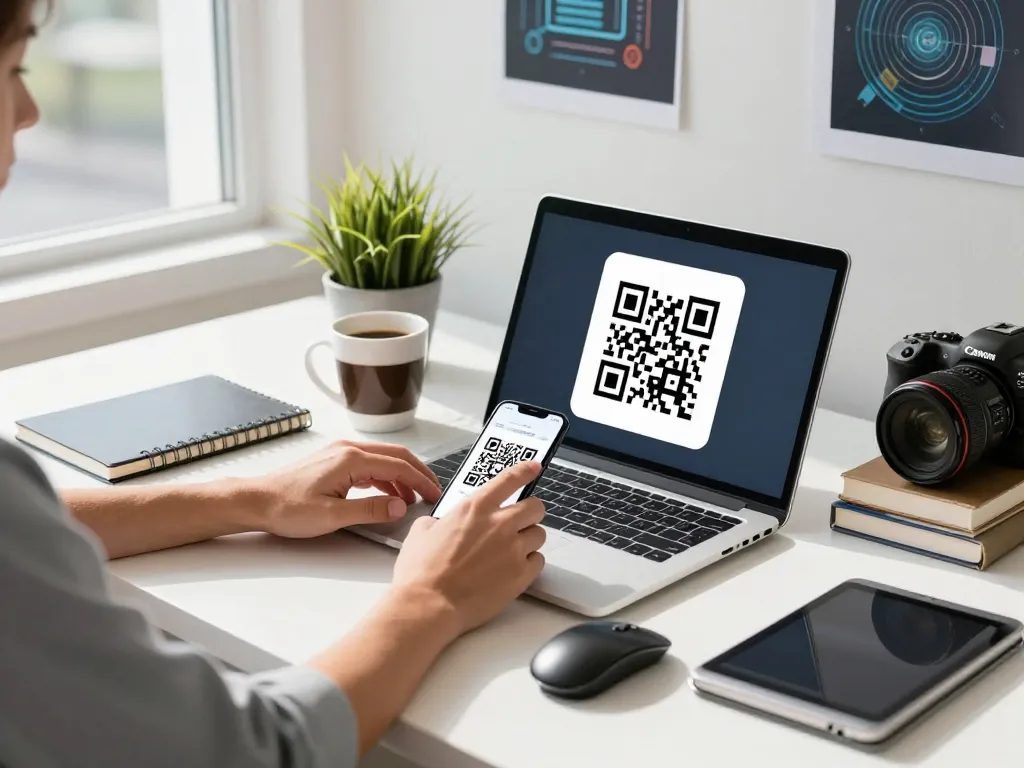 Using an online qr code reader to scan a QR code on a smartphone in a modern workspace.