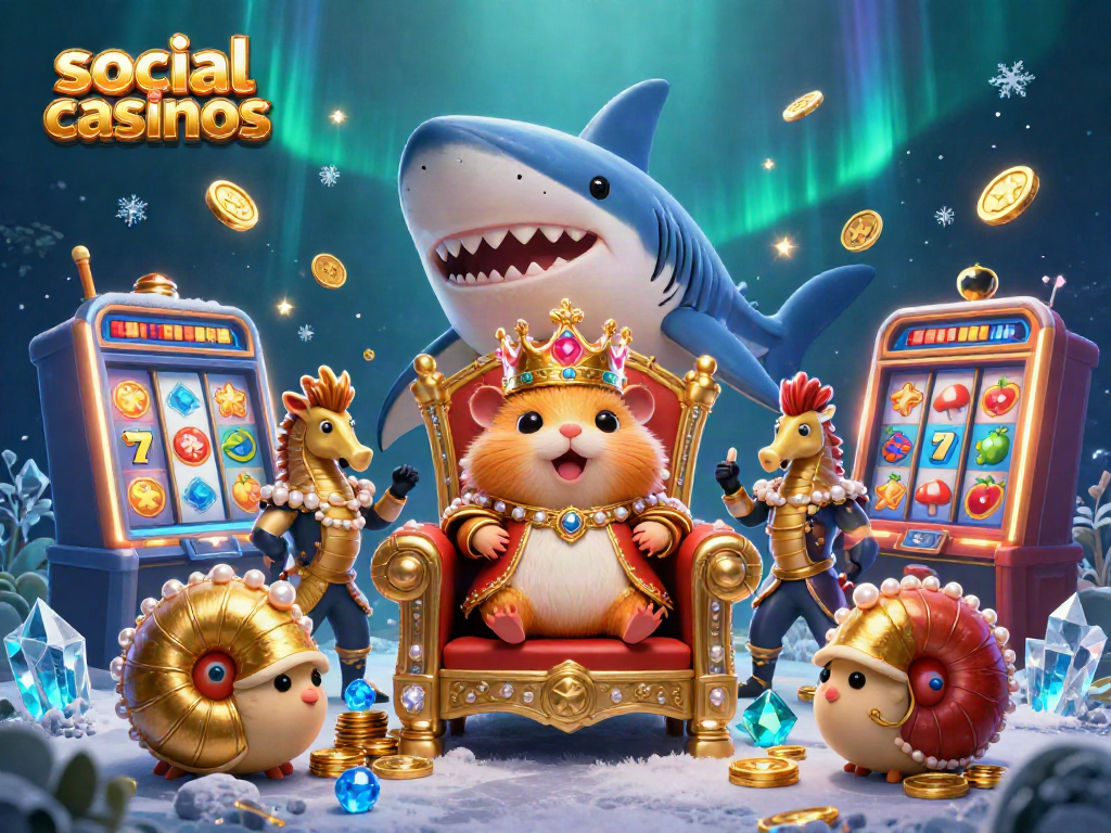 Engage in social casinos with a dynamic portrayal of vibrant slot machines and a whimsical underwater scene.