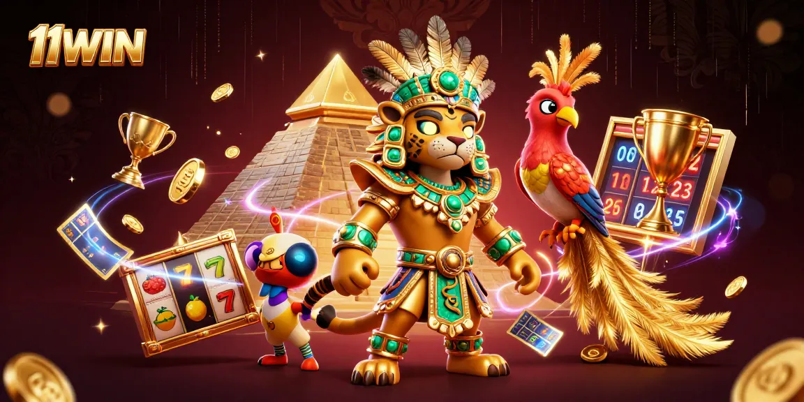 Engage in thrilling gaming action at 11WIN with a vibrant casino illustration featuring Mayan elements.