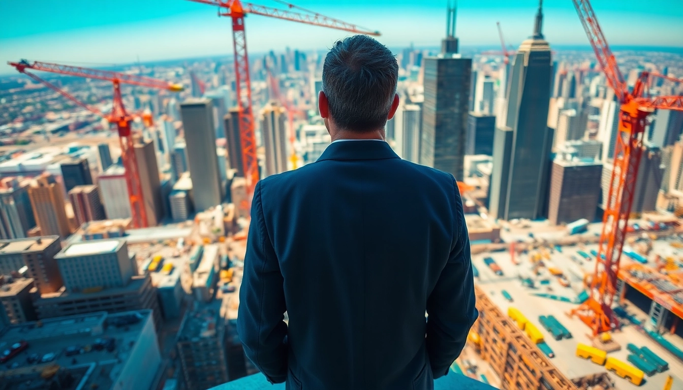 New York City Construction Manager directing a lively construction site with cranes and workers.