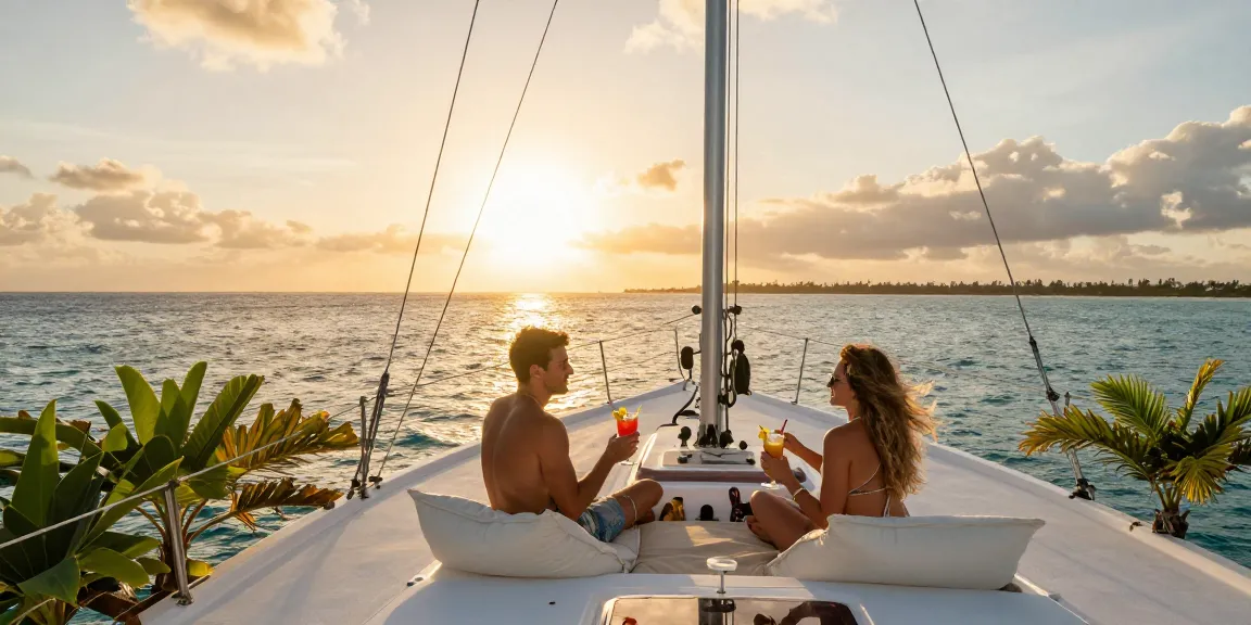 Punta Cana yacht rental experience with a couple enjoying sunset on a luxury yacht.