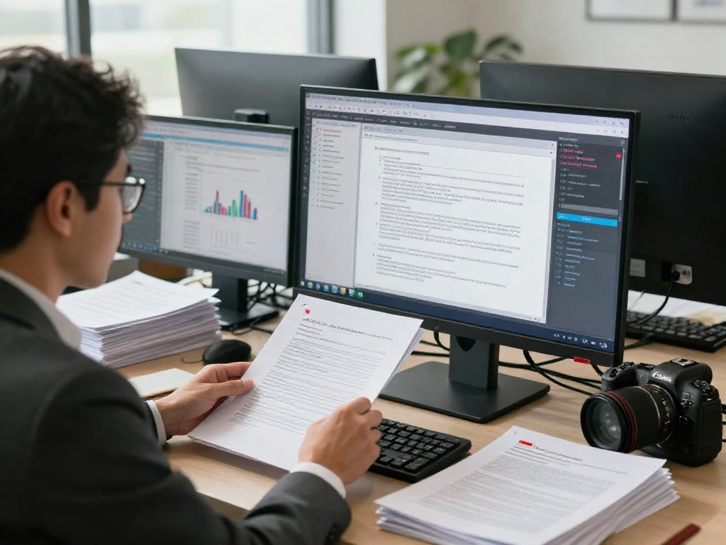 Document fraud detection analysis in a modern workspace, showcasing software tools and physical documents.