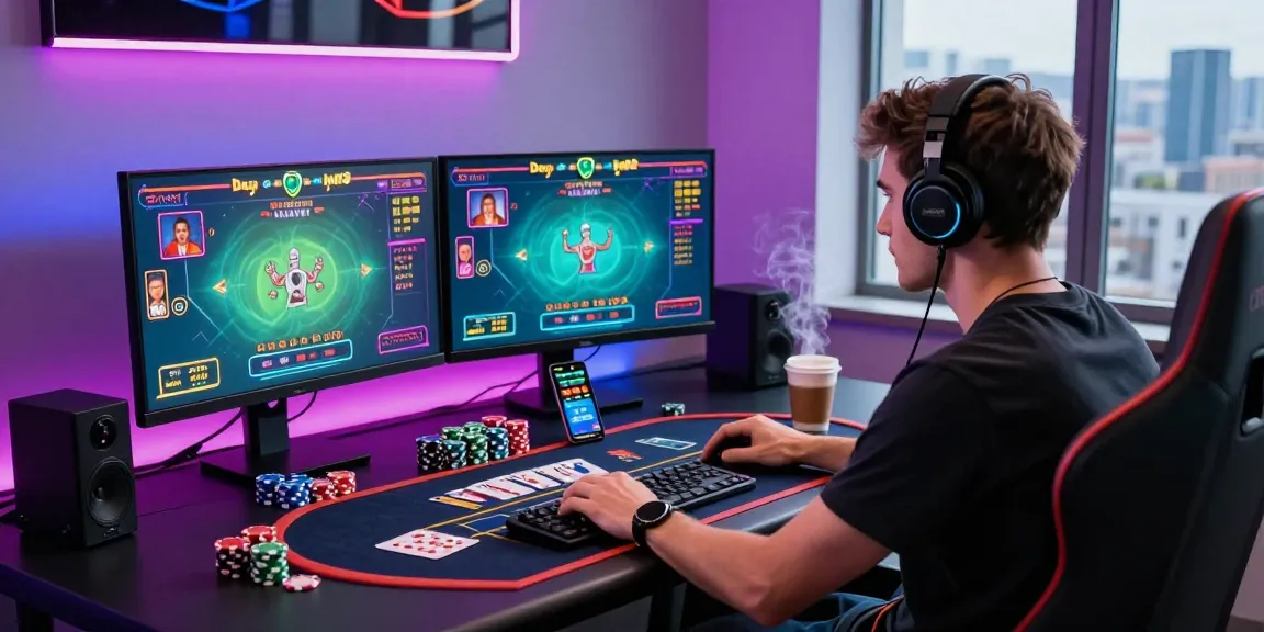 Baccarat player immersed in online gaming with chips and statistics displayed.