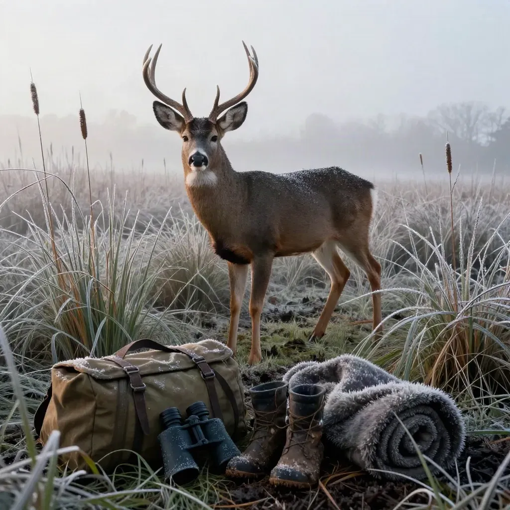 Whitetail buck in frosted switchgrass at dawn with hunting gear in a misty marsh
