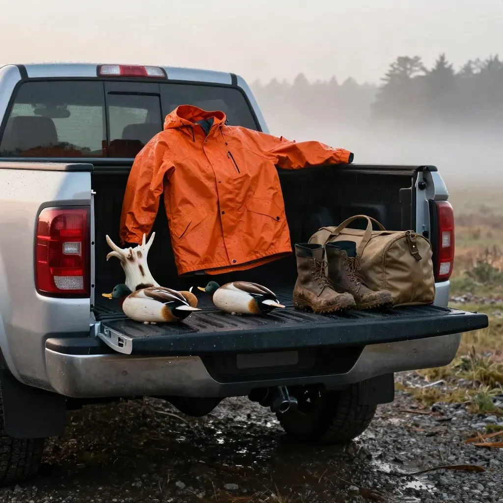 Pickup tailgate at dawn loaded with wet hunting gear, elk sheds, decoys, duffel and muddy boots.