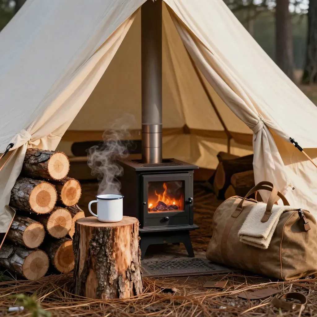 Deer camp beside a wall tent with stacked logs, a glowing stove pipe, and a steaming mug in warm side light.