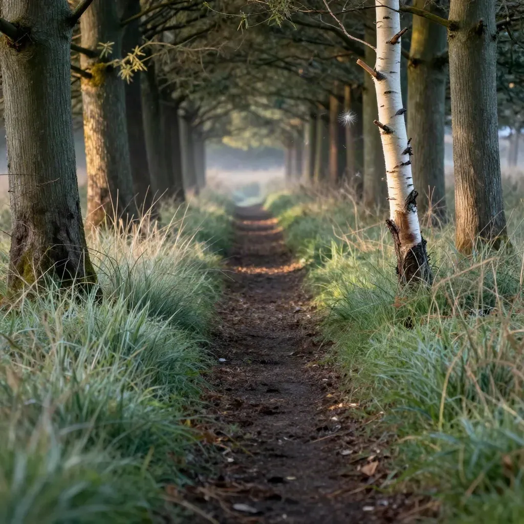 Cedar deer lane with boot prints, a rubbed sapling, and wind-flattened grass.