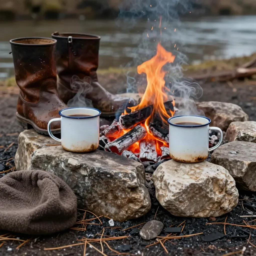 Campfire ring with steaming mugs, wet boots, and a wool cap beside glowing coals.
