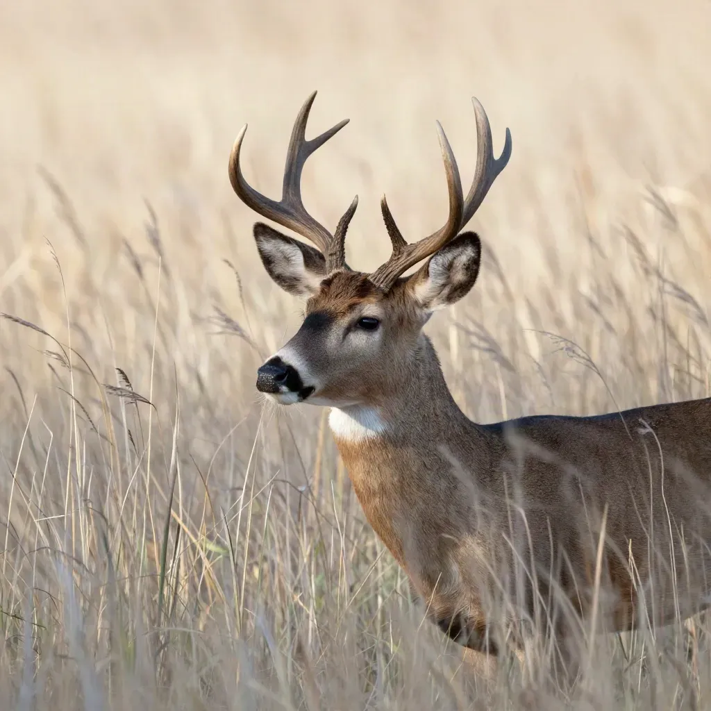 Whitetail buck bedded in switchgrass, ears pinned into the wind beside a cedar edge.