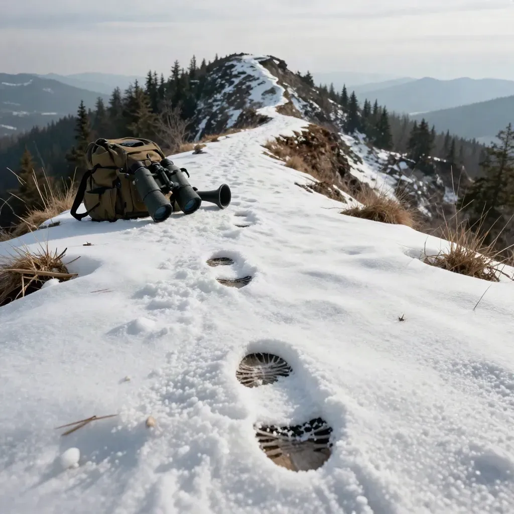 Elk tracks in snow beside a pack, binoculars, and bugle tube above a timbered mountain ridge