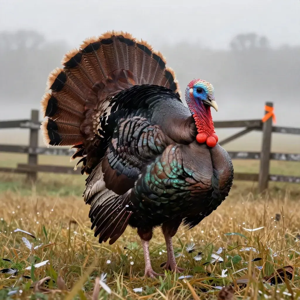 A strutting spring tom turkey in dew-heavy pasture at first light, mist and feathers behind.