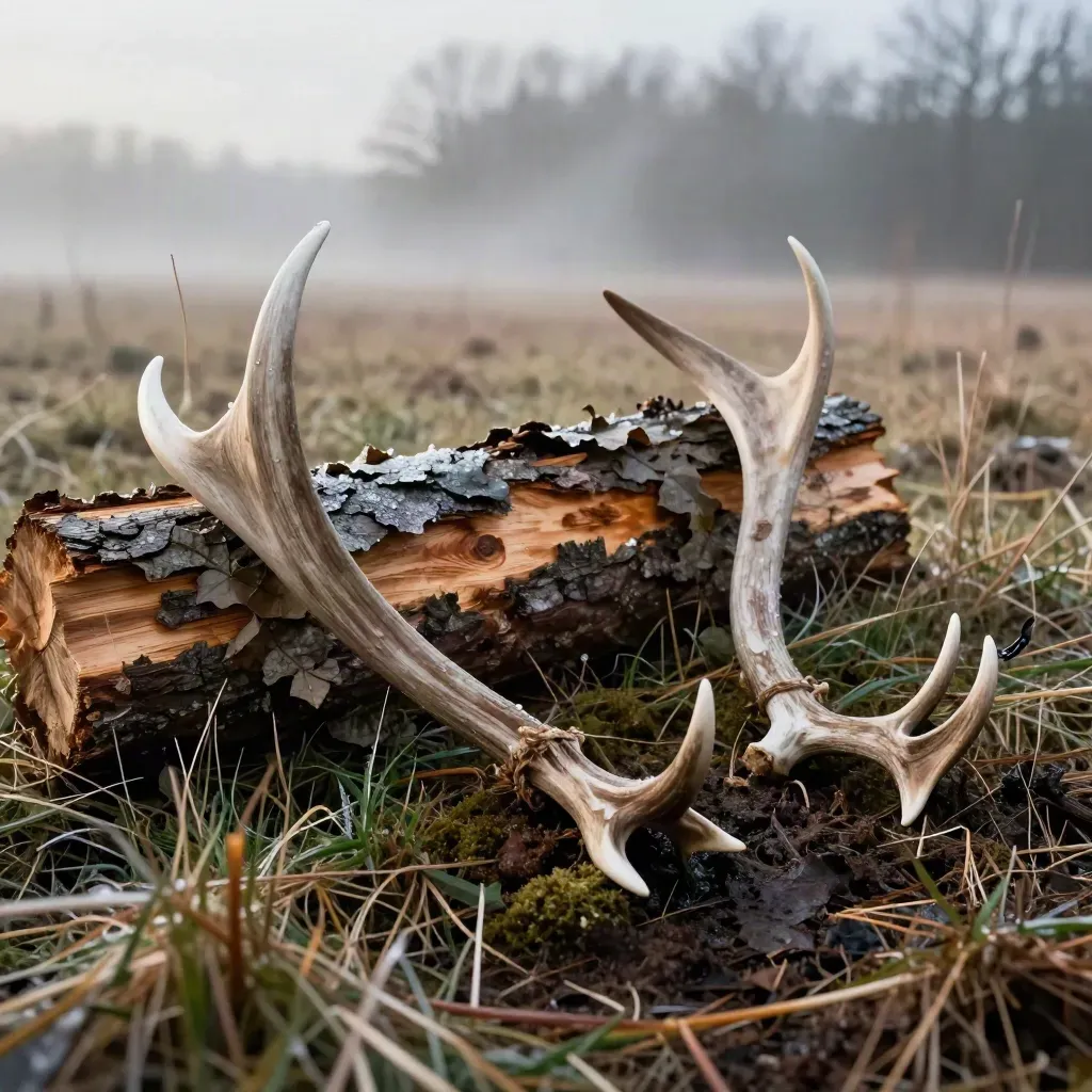 Shed antlers in thawing grass beside gnawed leaves and a cedar log at the field edge.