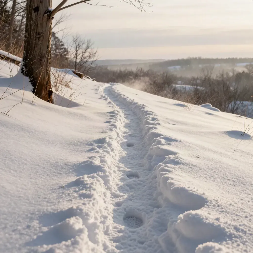 Whitetail tracks in fresh snow beside a cedar trunk and frozen bed line on a ridge.