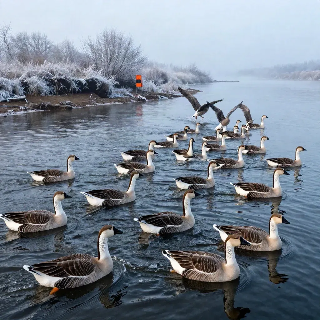 Goose decoys on dark river water as a flock drops in over a frosted bank