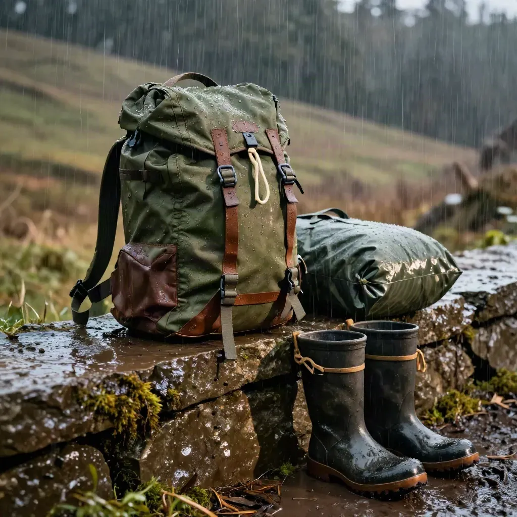 Rain beads on a weatherproof day pack beside a shell, dry bag, and waxed boots on wet stone.