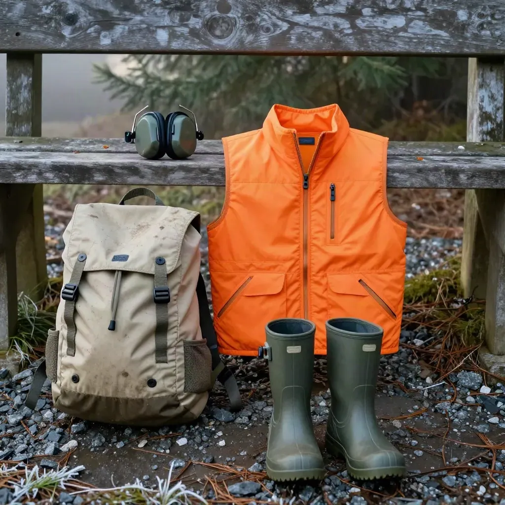 Youth hunting gear staged by a trailhead bench in cool morning haze, with blaze-orange vest and boots.