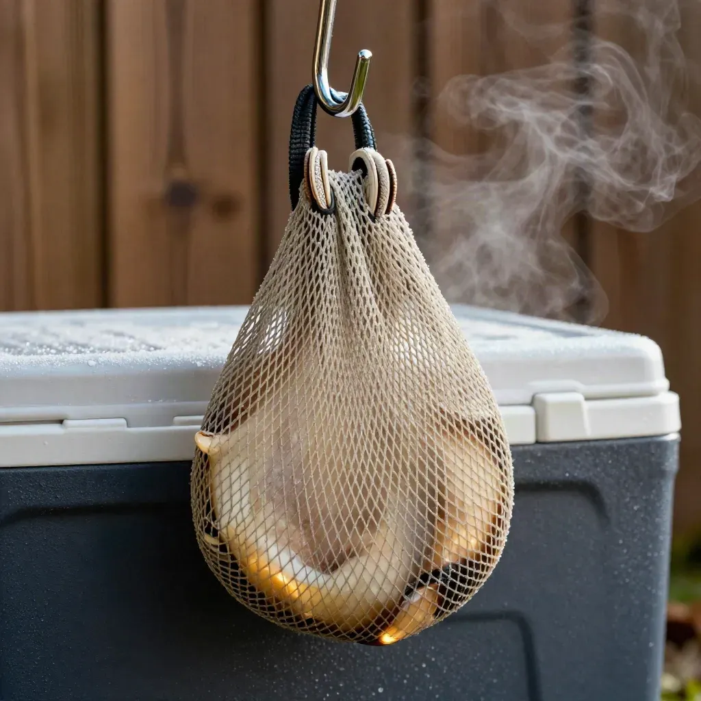 Low-angle meat-care scene: deer quarter bag on a game hook above an ice-filled cooler, cooling in shade.