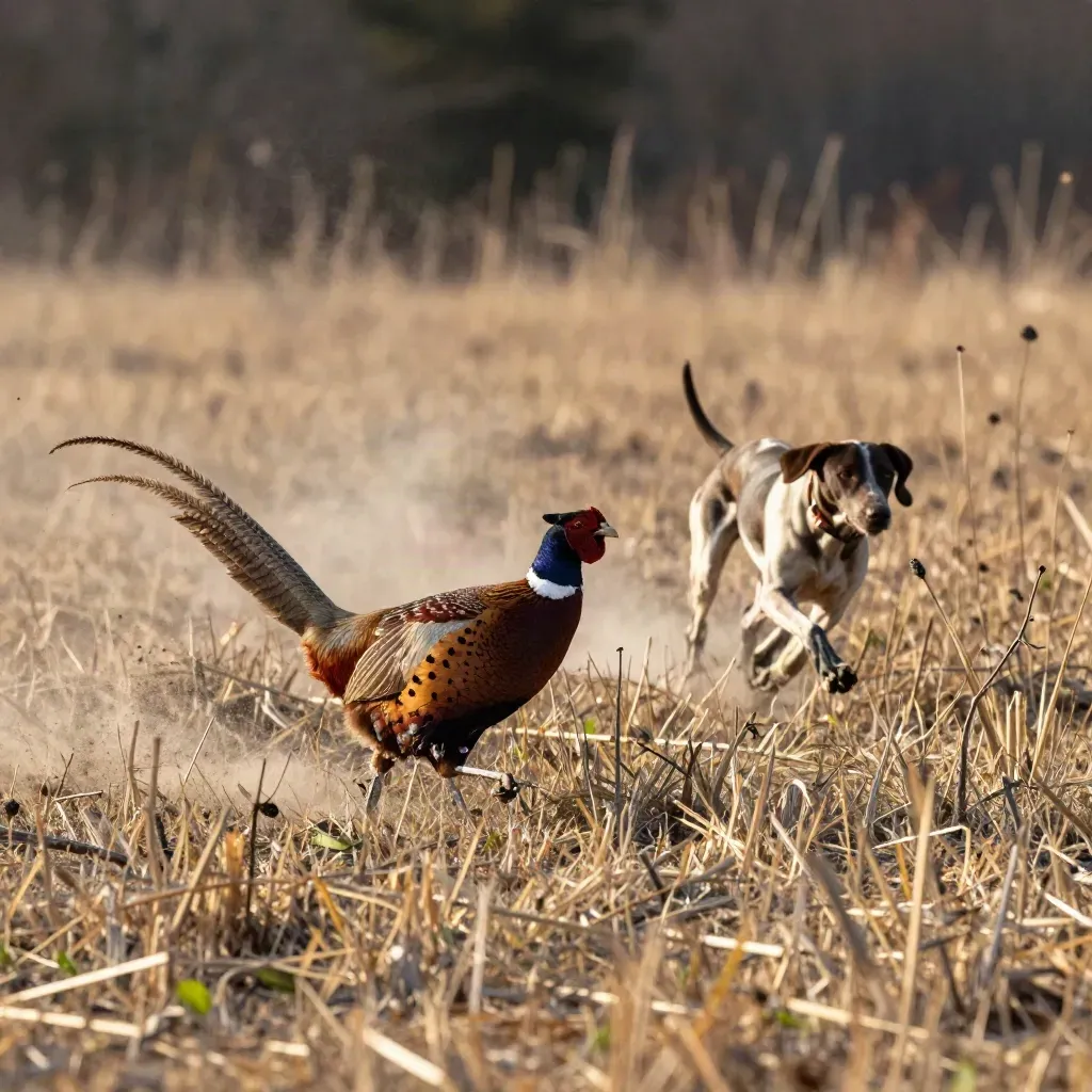 Rooster pheasant flushes from switchgrass as a bird dog drives through the cover line.