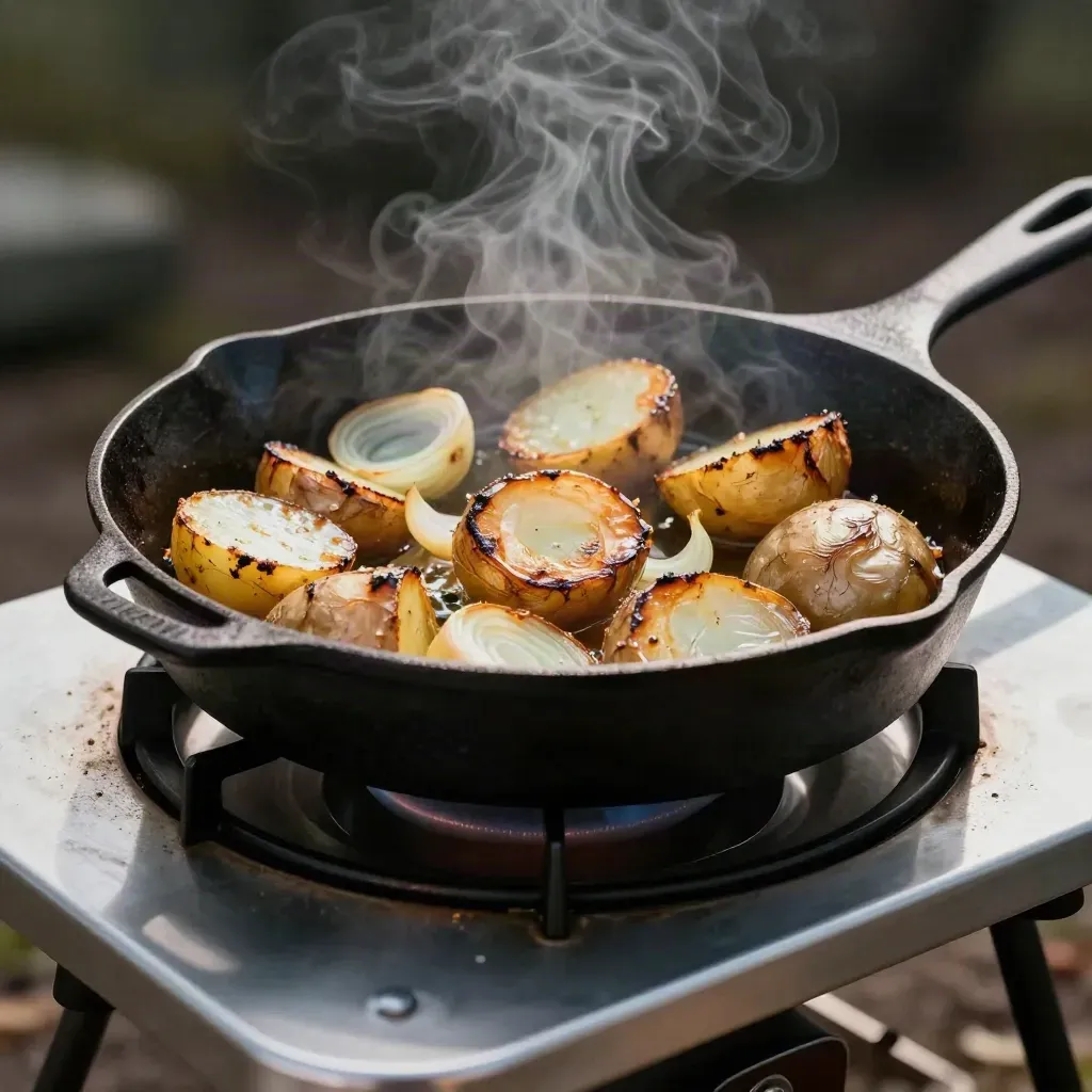 Steaming cast-iron skillet with backstrap, potatoes and onions on a camp stove.