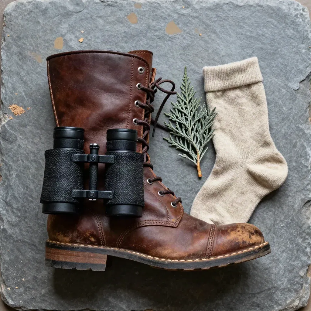 Top-down flatlay of a muddy leather boot toe, binocular harness, wool sock, and cedar sprig.