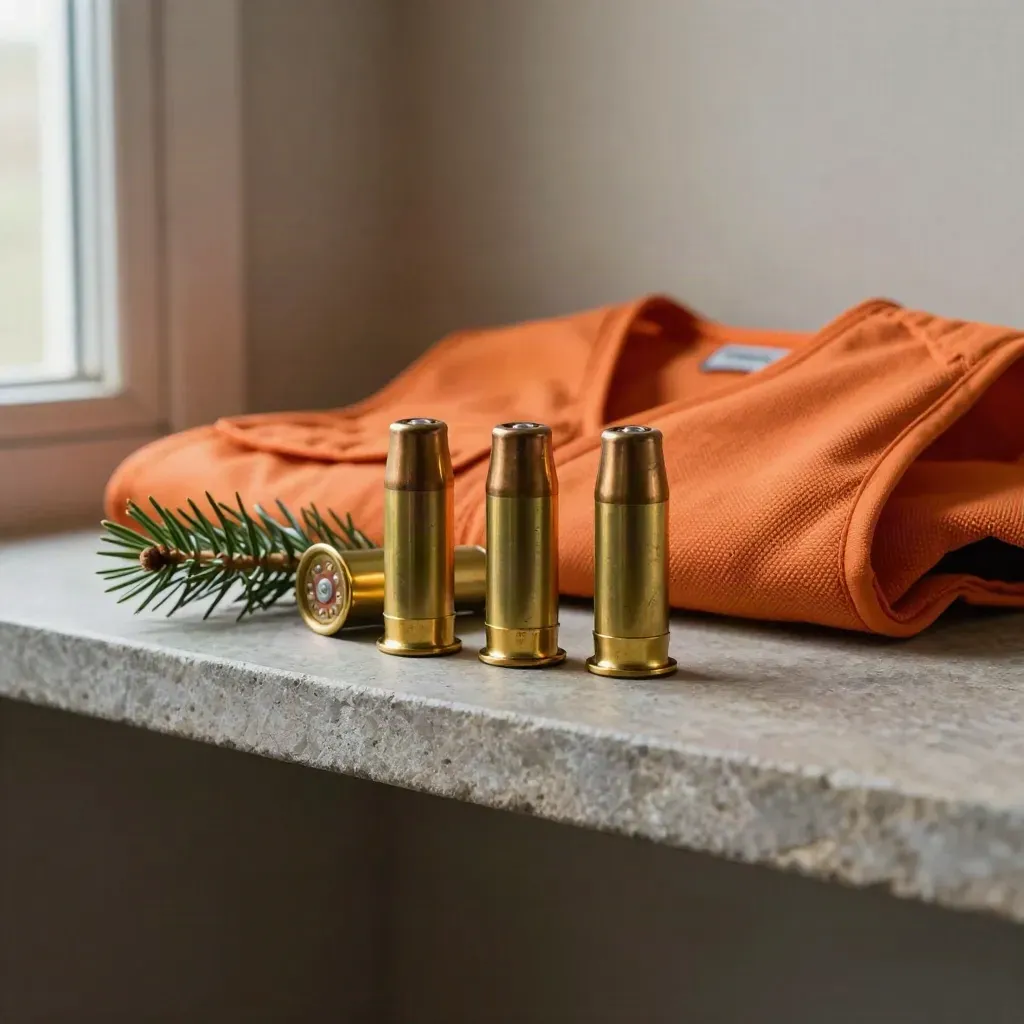 Brass shotgun shells, blaze vest fold, and evergreen sprig on a stone shelf in soft side light.