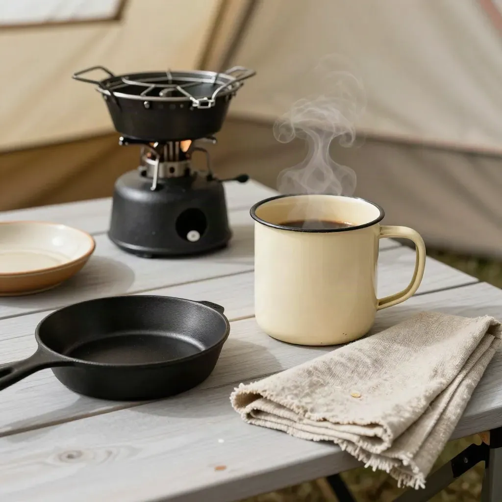 Enamel mug, camp stove, cast-iron pan and linen napkin on pale wood with rising steam.