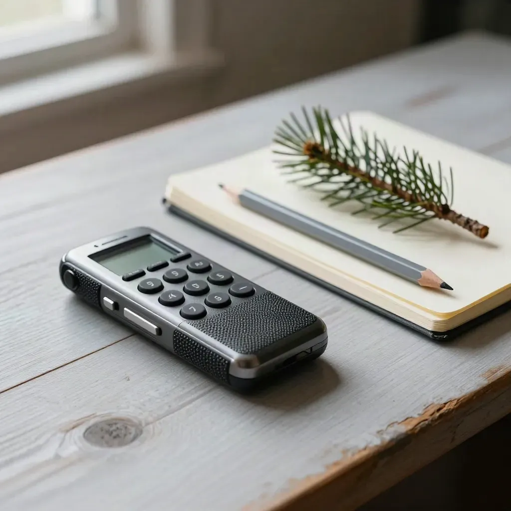 Voice recorder with field notebook, pencil stump, and pine twig on pale ash wood.