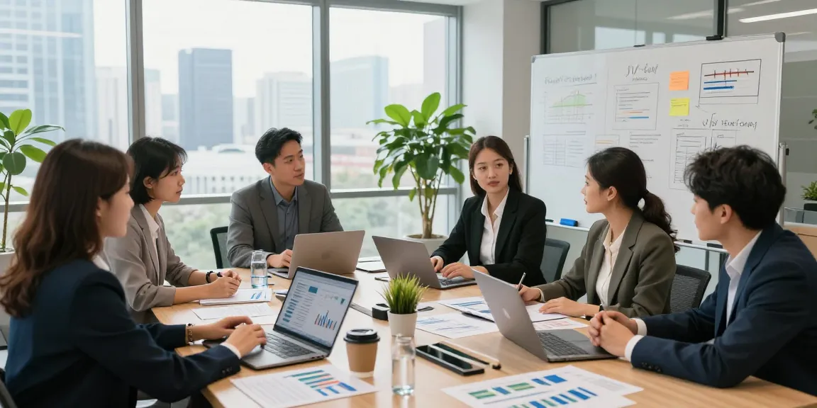Team discussing a jv funding program with charts and laptops in a modern conference room.