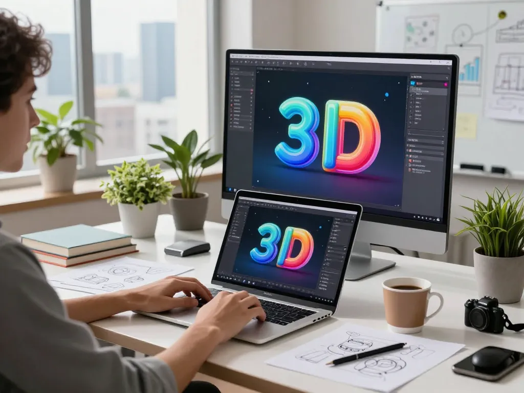 Designer generating stunning 3D models from text at a modern tech workspace.