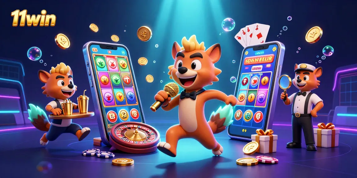 Experience the excitement of 11win with hyenas running a vibrant comedy casino club in a colorful, engaging scene.