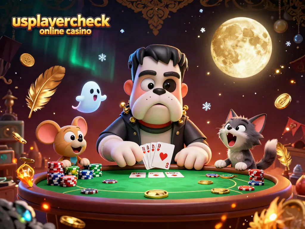 Engage with usplayercheck online casino showcasing a thrilling card showdown with lively characters.