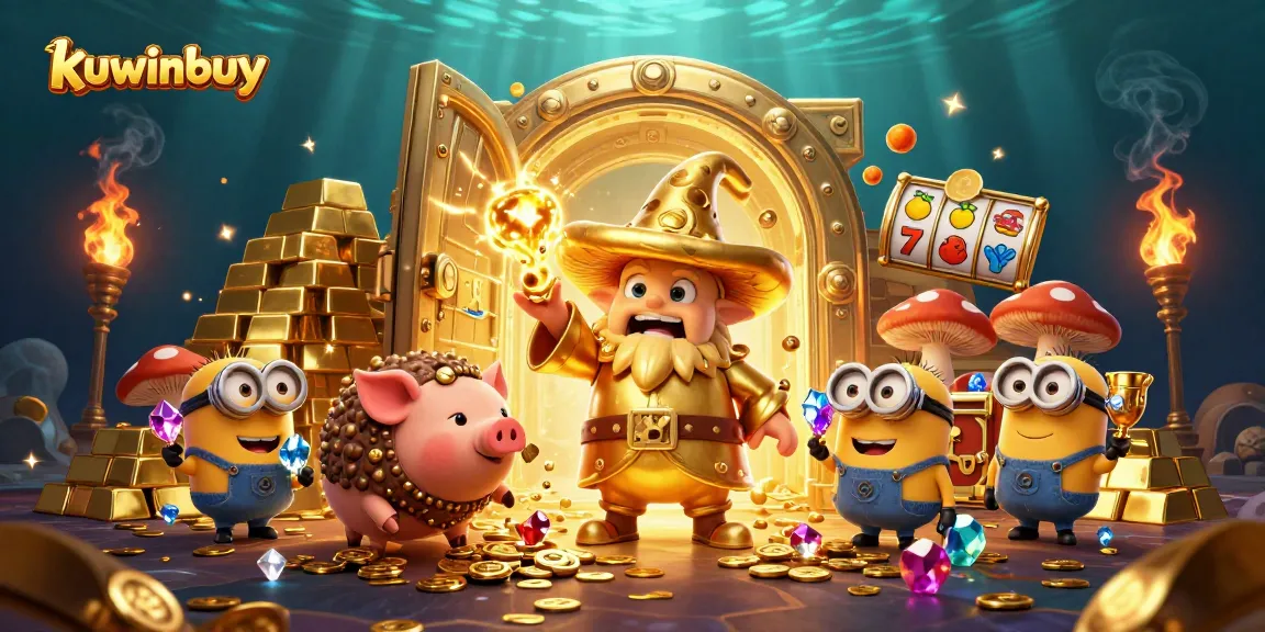 kuwinbuy transforms gameplay with a magical golden mushroom wizard and treasures in a vibrant casino scene.