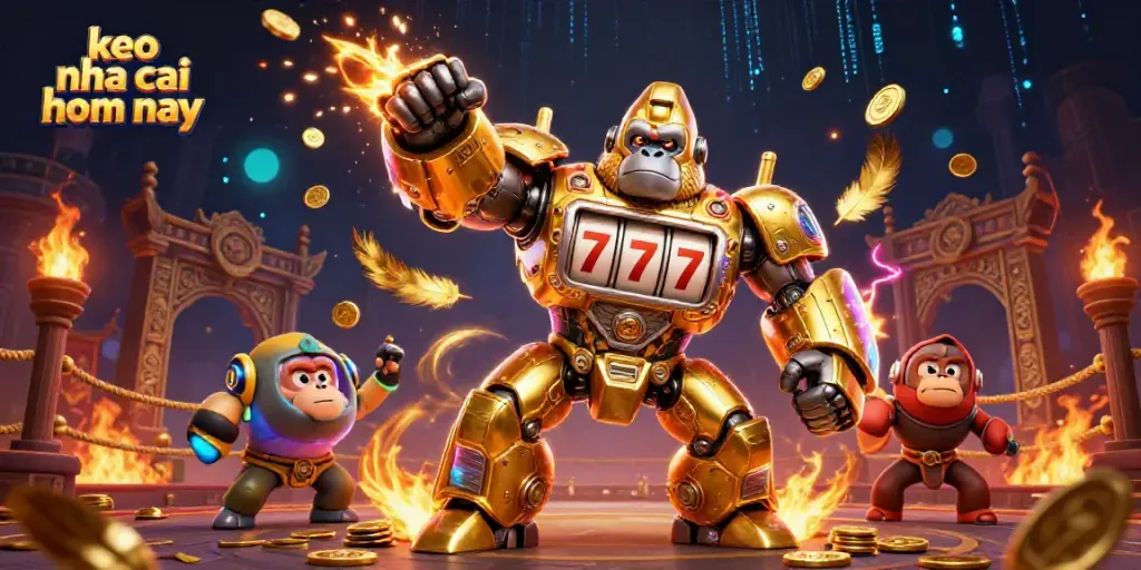 Experience keo nha cai hom nay with a dynamic casino-themed illustration featuring a golden gorilla mech and exciting gaming elements.