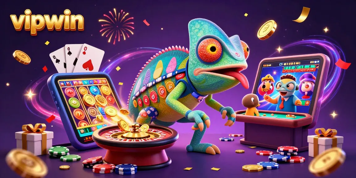 Experience thrilling gameplay at vipwin with a colorful casino scene featuring a vibrant chameleon owner.