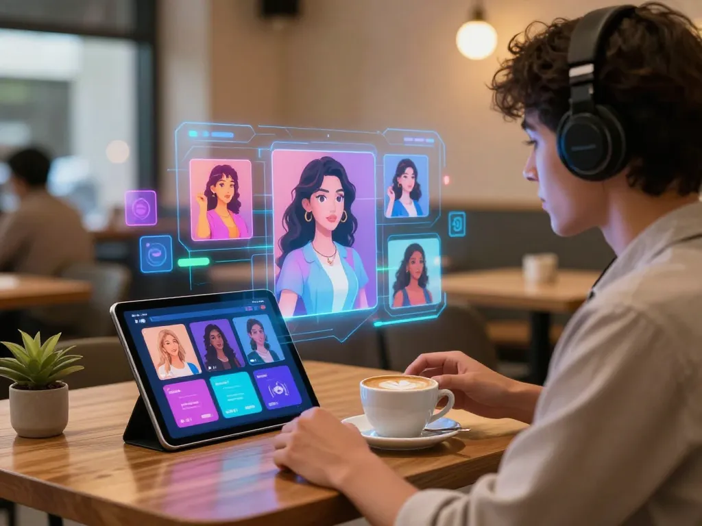 Engaging user browsing AI gf avatars in a vibrant digital café setting.