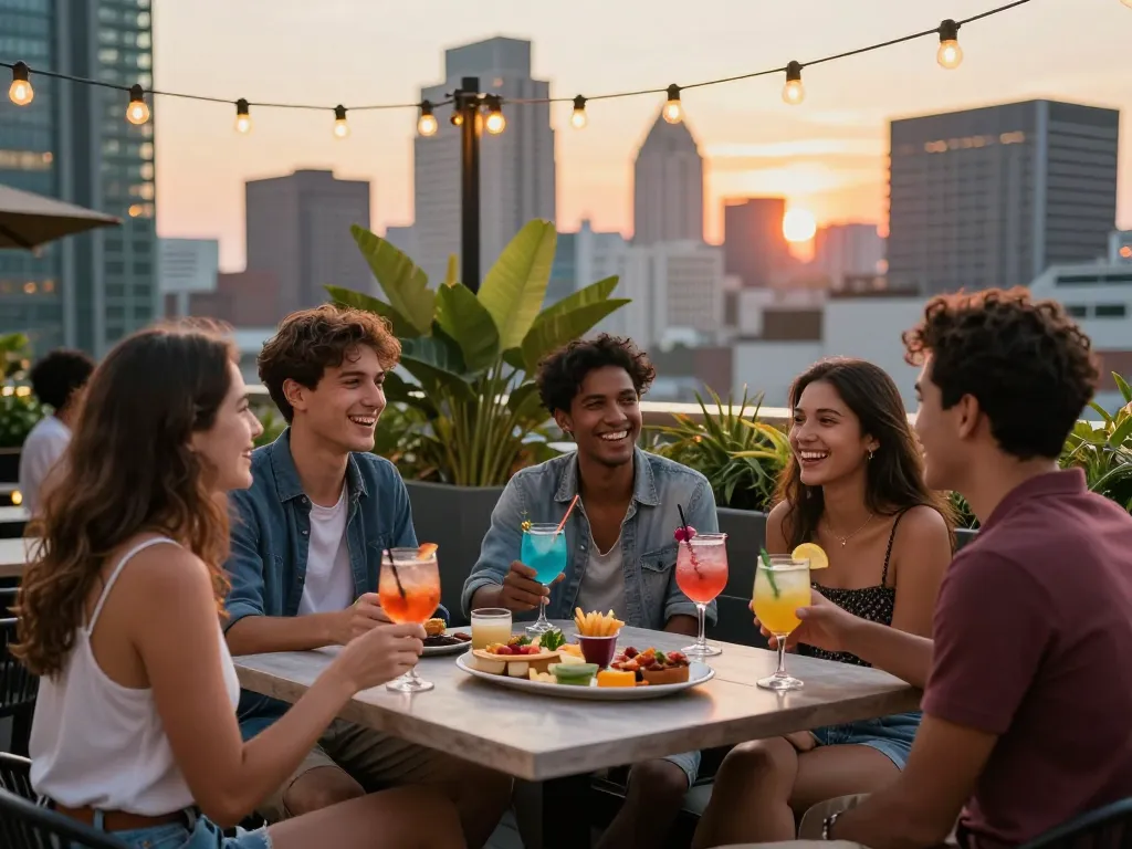Friends enjoying an urban rooftop gathering, sharing laughter and colorful cocktails under string lights, capturing the essence of nsfw socializing in city nightlife.