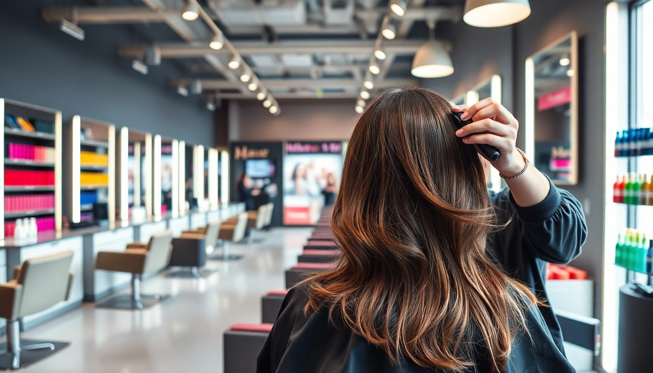 Professional Haarfarbe Friseur scene in a modern salon with vibrant hair color displays.