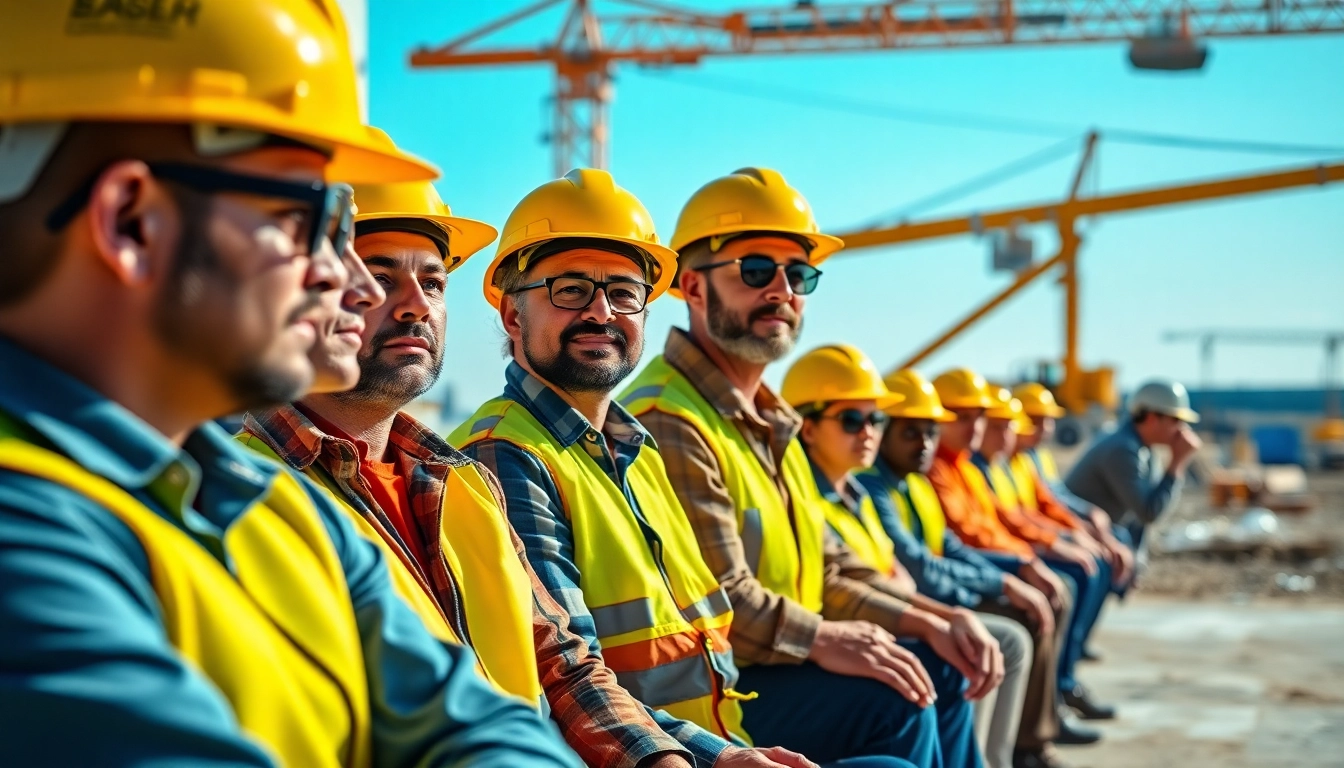 Visualize construction safety programs with workers engaged in training, highlighting safety gear and job site elements.