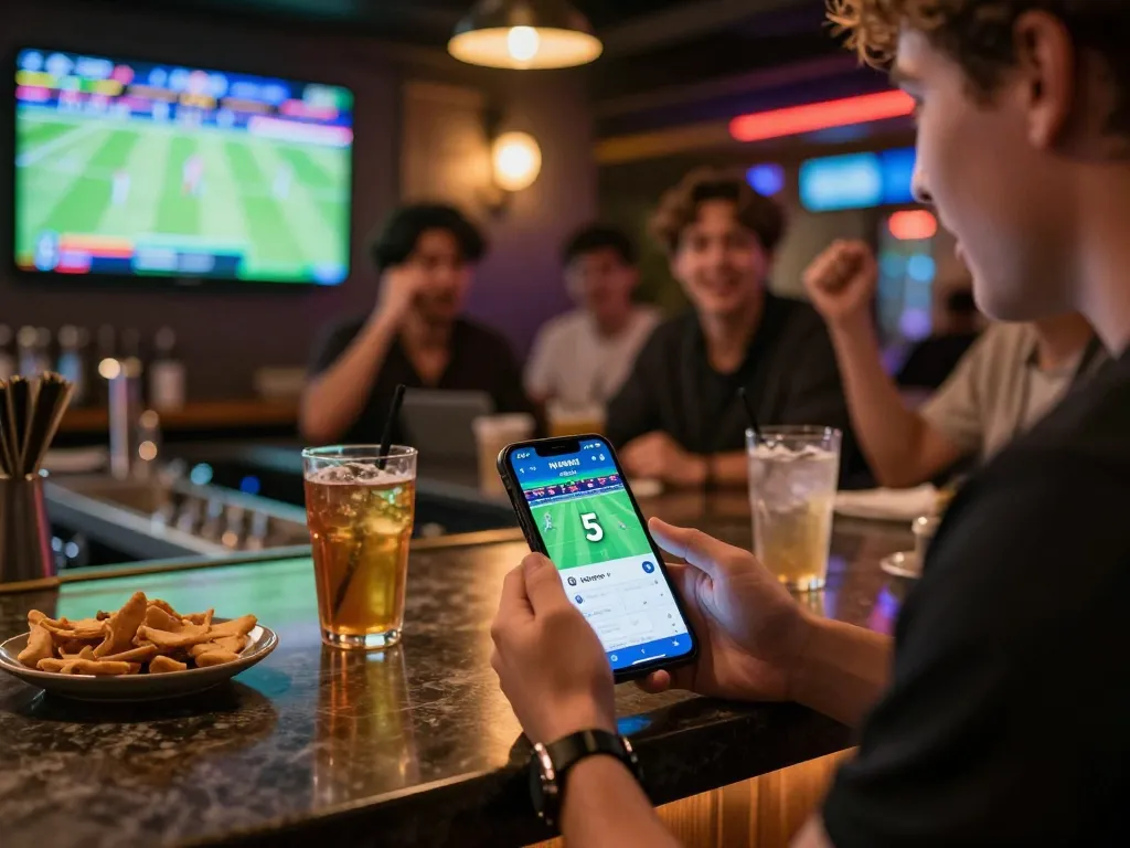 Tỷ lệ kèo nhà cái 5 showcased in an engaging sports betting atmosphere with friends cheering at a bar.