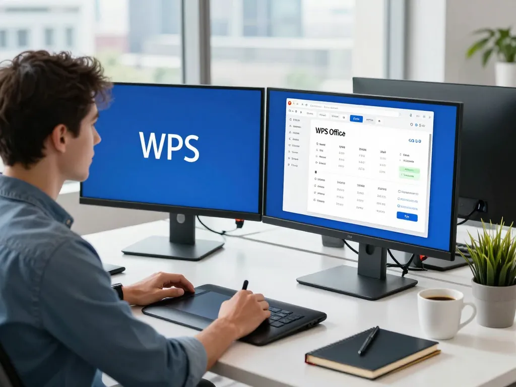 Professional user engaging with WPS Office in a vibrant modern workspace, showcasing productivity and creativity.