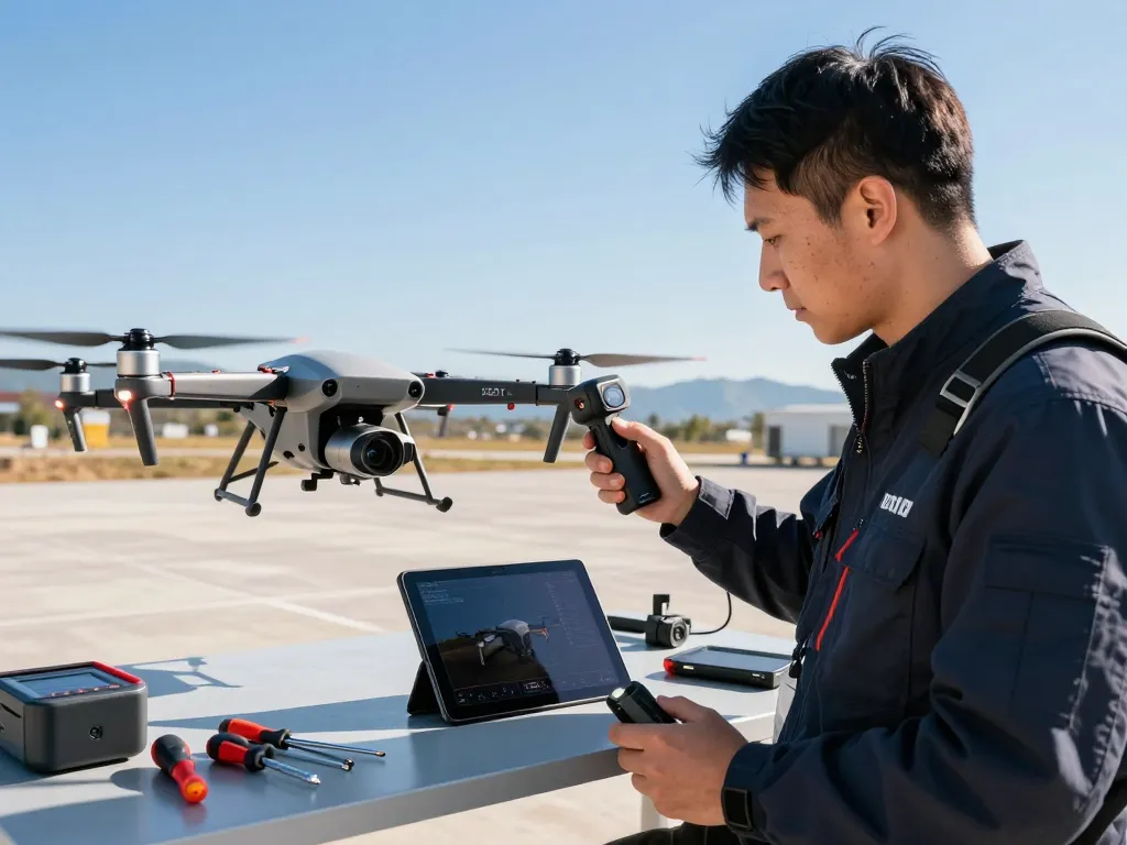 Technician inspecting dji zenmuse h30t drone payload in outdoor testing area.