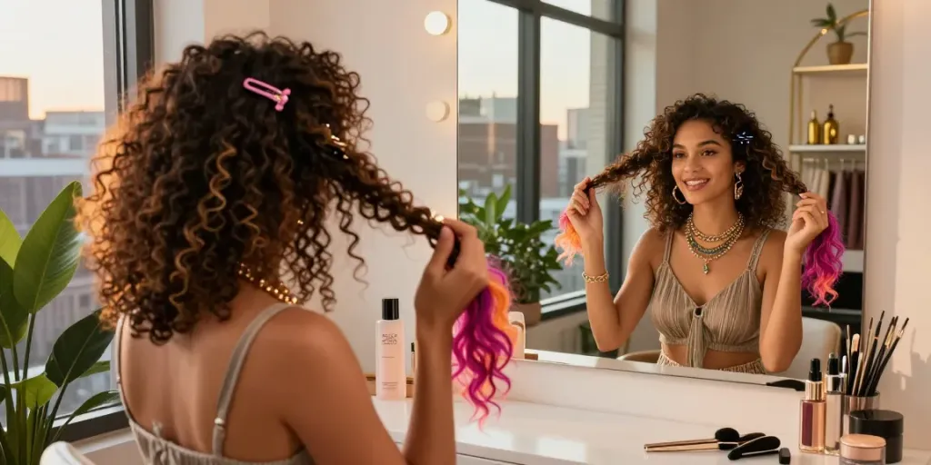 Woman styling her hair with curly clip ins in a trendy urban setting.