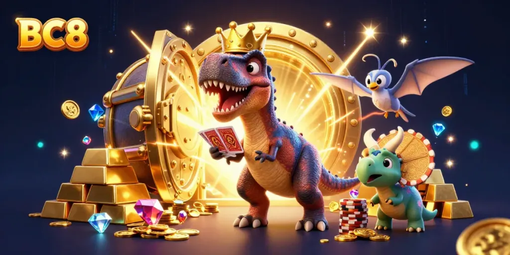 Engage with the thrilling BC8 online gaming universe featuring a whimsical T-Rex and vibrant casino elements.
